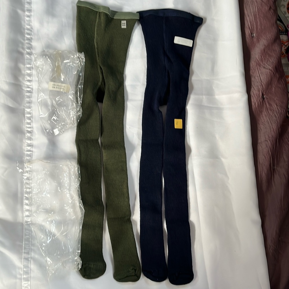 Lot 2 Girl boy Kids tights green navy blue sz 2 2T toddler baby new 2pc bundle